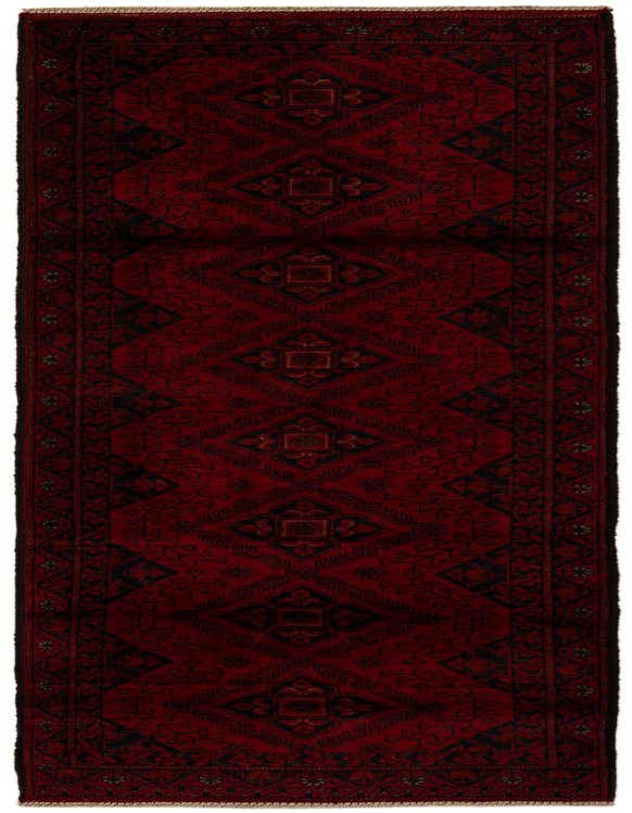 A 10 ft Khal Mohammadi runner rug in deep red with intricate black Oriental patterns, ideal for a hallway.