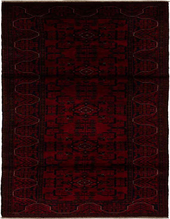 A 9 ft Khal Mohammadi runner rug in deep red with intricate black Oriental patterns, ideal for a hallway.