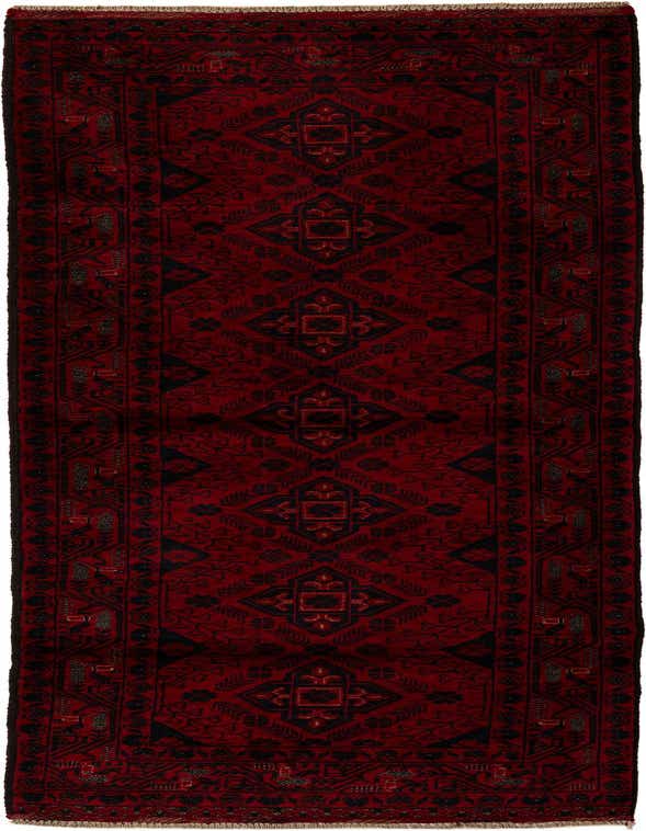 A 10 ft runner rug in deep red with a repeating pattern of black geometric medallions and intricate floral motifs, ideal for a hallway.