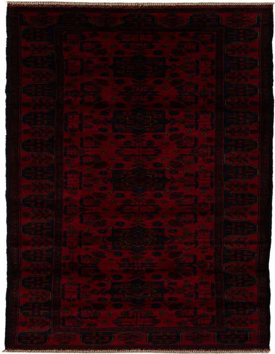 A 10 ft runner rug in deep red with a dark blue and black modern oriental pattern, handmade from wool, perfect for a hallway.