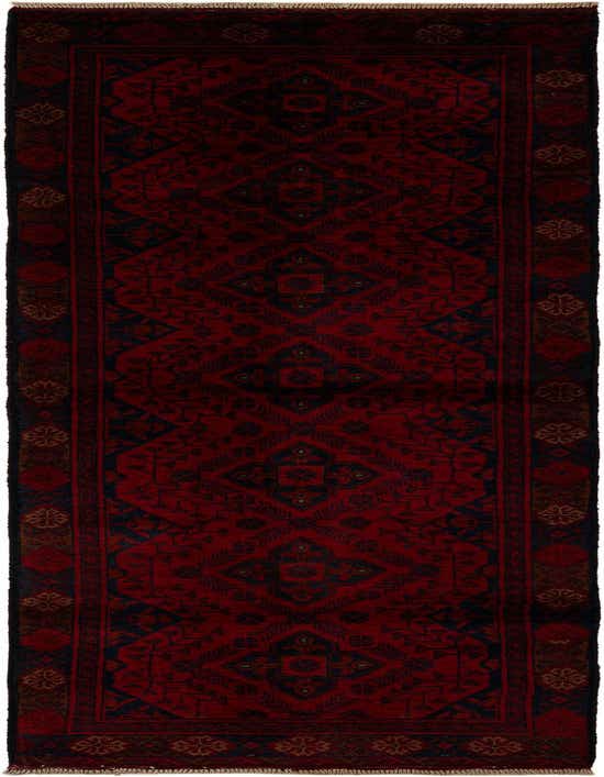 A 10 ft Khal Mohammadi wool runner rug in deep reds with intricate dark blue and black oriental patterns, perfect for a hallway.