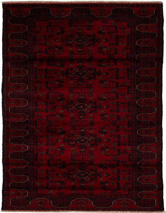 A 9 ft red runner rug with a thin pile, featuring a modern geometric pattern in dark red and black, ideal for a hallway.