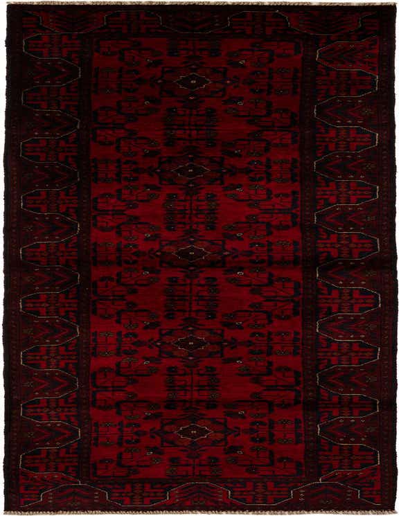 A 9 ft red runner rug with a modern pattern and dark border, ideal for a hallway.