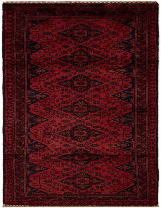 A 10 ft red wool runner rug with a modern geometric pattern in dark red and black, perfect for a hallway.