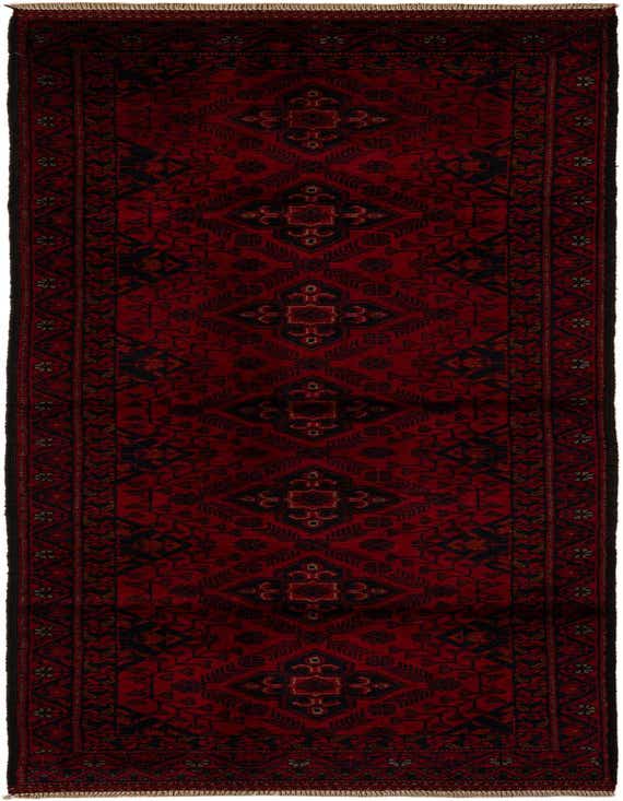 A 9 ft red runner rug with a modern geometric pattern in dark red and black, ideal for a hallway.