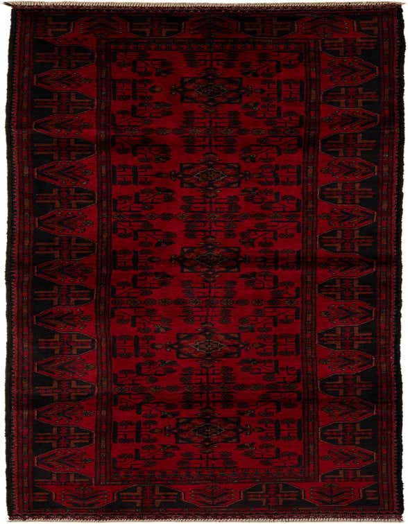 A 10 ft runner rug in deep red with black and brown modern geometric patterns, perfect for a hallway.