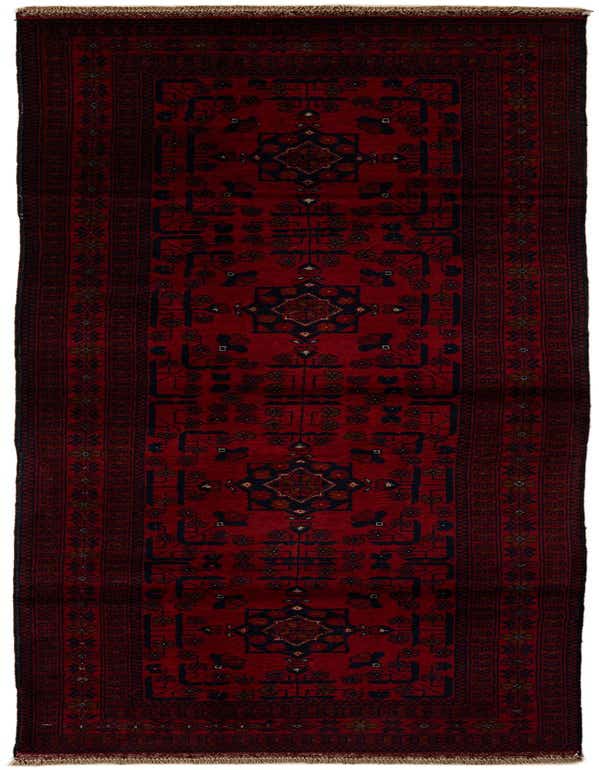 A 9 ft red runner rug with a modern pattern and dark accents, ideal for a hallway.