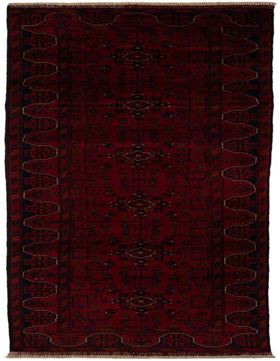 A 10 ft Khal Mohammadi runner rug in deep red with intricate dark blue and gold modern patterns, ideal for hallways.