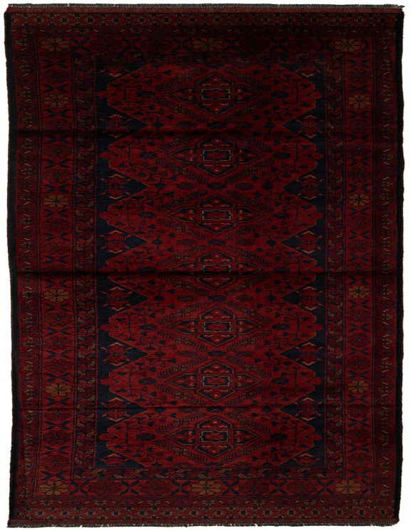 A 10 ft Khal Mohammadi runner rug in deep reds and dark blue, featuring a traditional geometric pattern, ideal for a hallway.