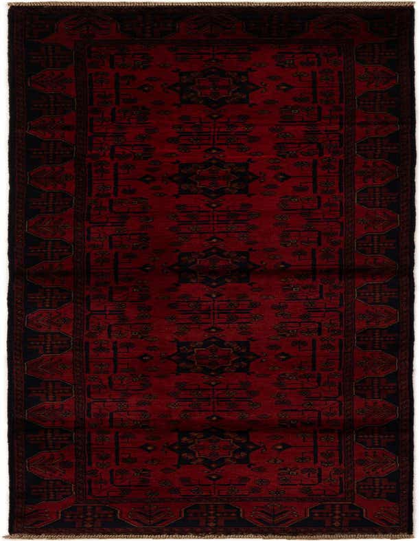 A 9 ft red runner rug with a black modern geometric pattern, ideal for a hallway.