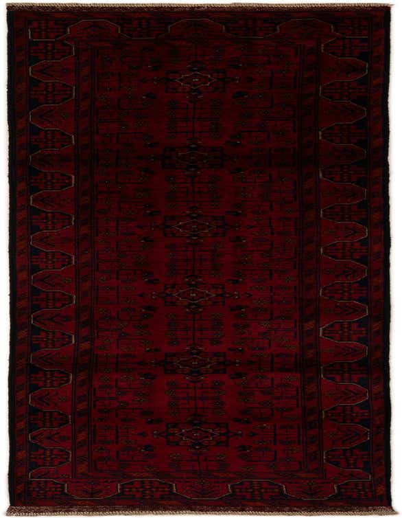A 9 ft Khal Mohammadi runner rug in deep red wool with intricate dark traditional patterns, ideal for hallways.