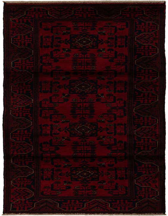A 10 ft Khal Mohammadi runner rug in deep red with intricate black and gold oriental patterns, ideal for a hallway.