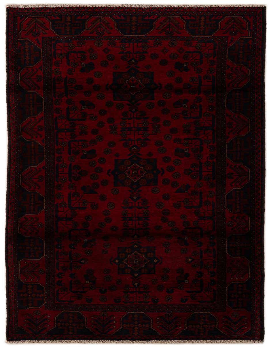 A 6 ft Khal Mohammadi runner rug in deep red with intricate dark blue and black Oriental patterns, perfect for a hallway.