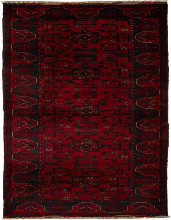 A 10 Ft Khal Mohammadi runner rug in deep red with a dark geometric pattern and fringed ends, ideal for a hallway.