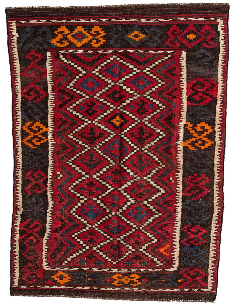 A 10 ft runner rug in a tribal pattern with shades of red, black, blue, and orange, suitable for a hallway.