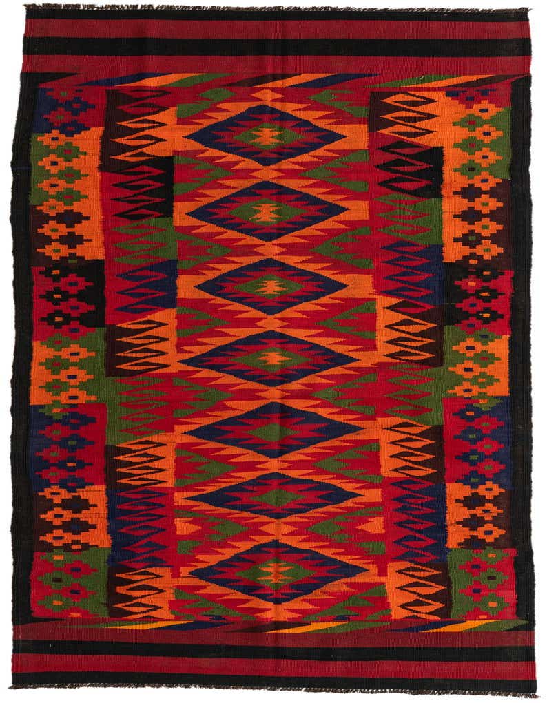 A vibrant 11 ft Kilim Afghan runner rug with tribal patterns in red, orange, green, and blue, perfect for a hallway.
