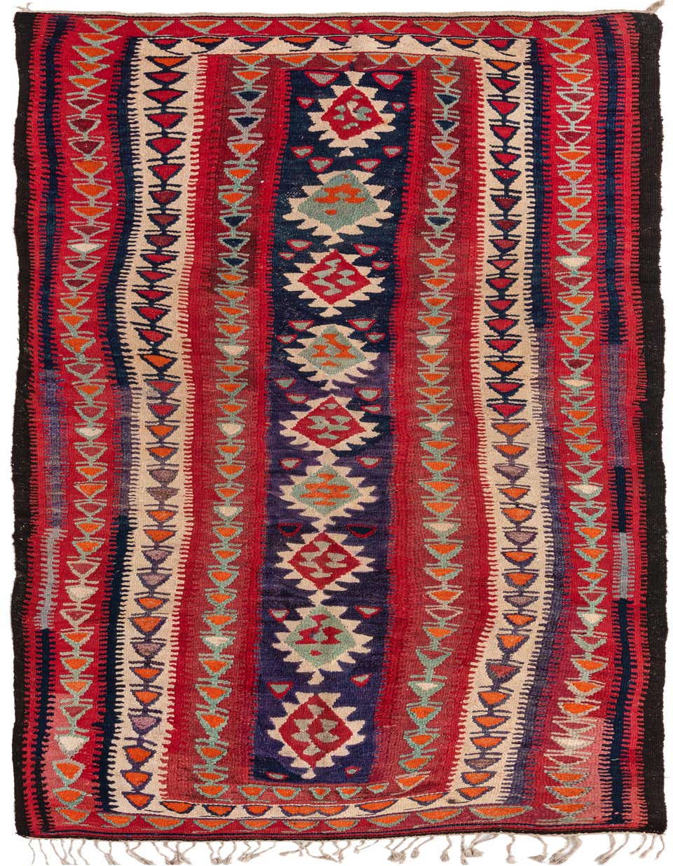 A 9 ft runner rug with a vibrant Persian, Southwestern, and Tribal pattern in shades of red, navy, cream, and orange, featuring geometric motifs and stripes, ideal for a hallway.