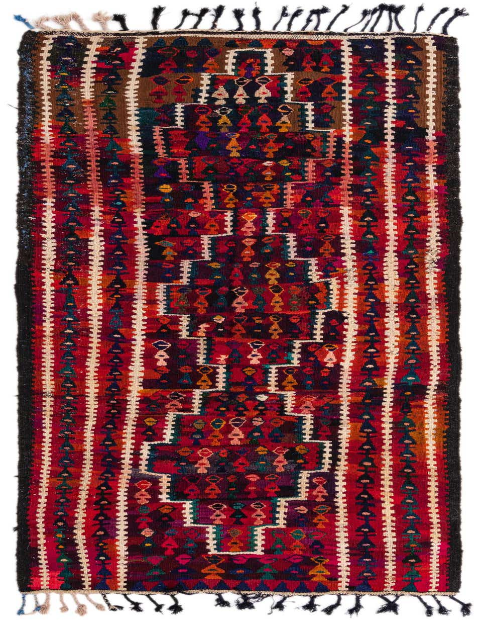 A vibrant 8 ft red wool Kilim Fars runner rug with intricate tribal and geometric patterns, ideal for a hallway or kitchen.