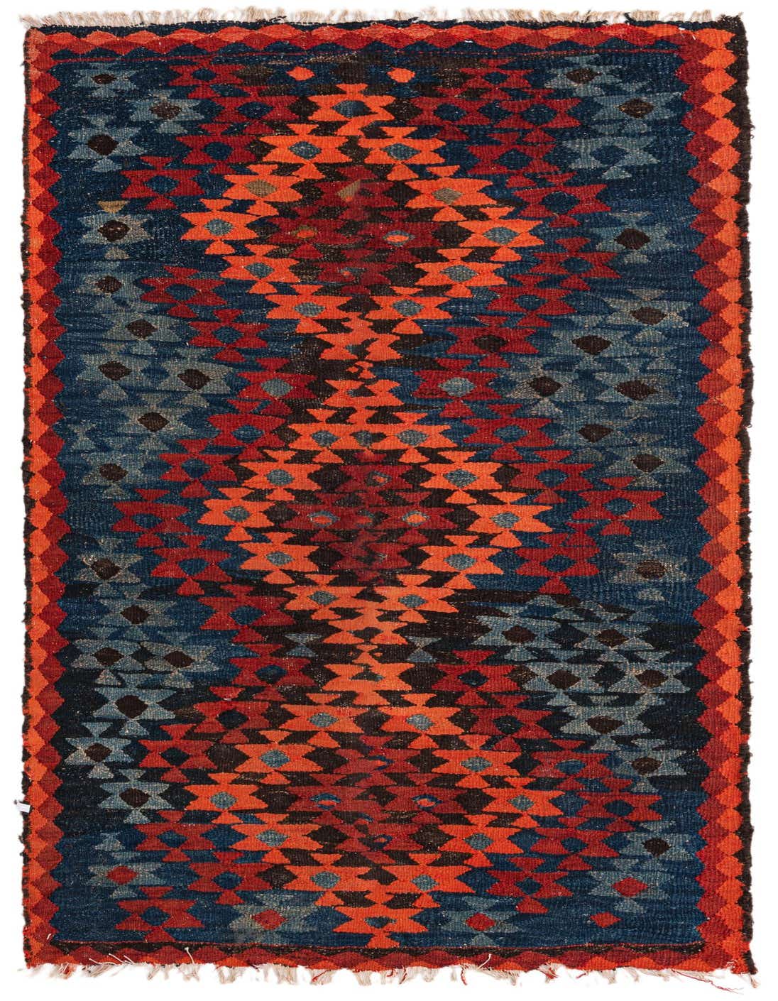 A 7 ft runner rug featuring a vibrant red, blue, and orange tribal medallion pattern with a flatweave texture.