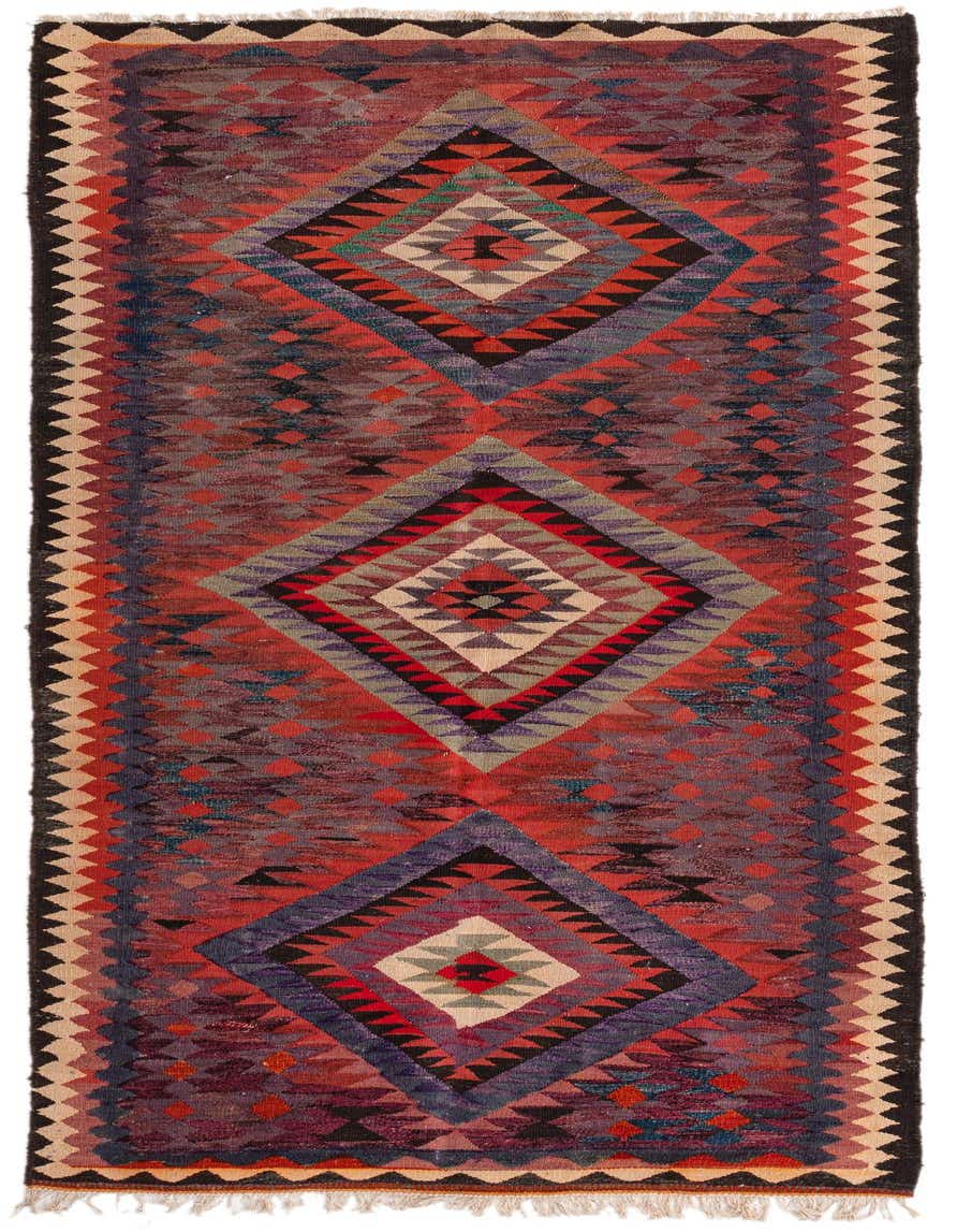 A vibrant 10 Ft runner rug with a traditional Persian tribal pattern in shades of red, purple, and black, featuring large geometric diamond motifs.