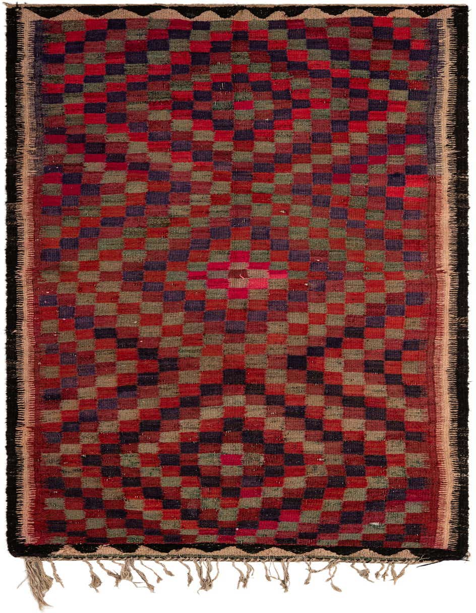 A 10 Ft Kilim Fars runner rug with a checkered pattern in various shades of red, purple, and green, featuring black borders and fringe.