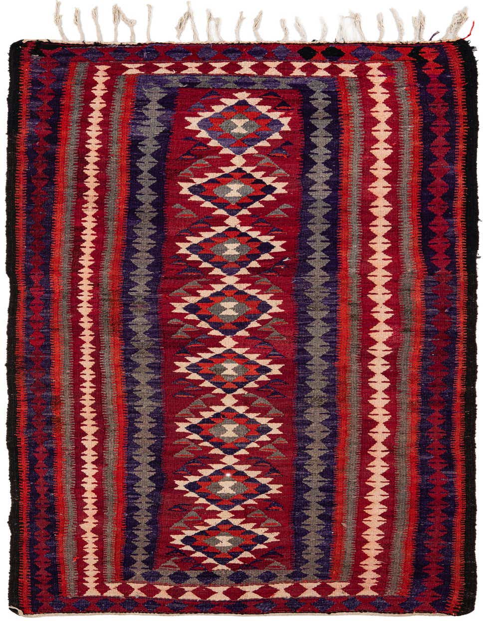 A handmade 8 ft runner rug with a tribal Persian pattern in shades of red, purple, and beige, featuring geometric diamond and stripe motifs, suitable for a hallway or kitchen.