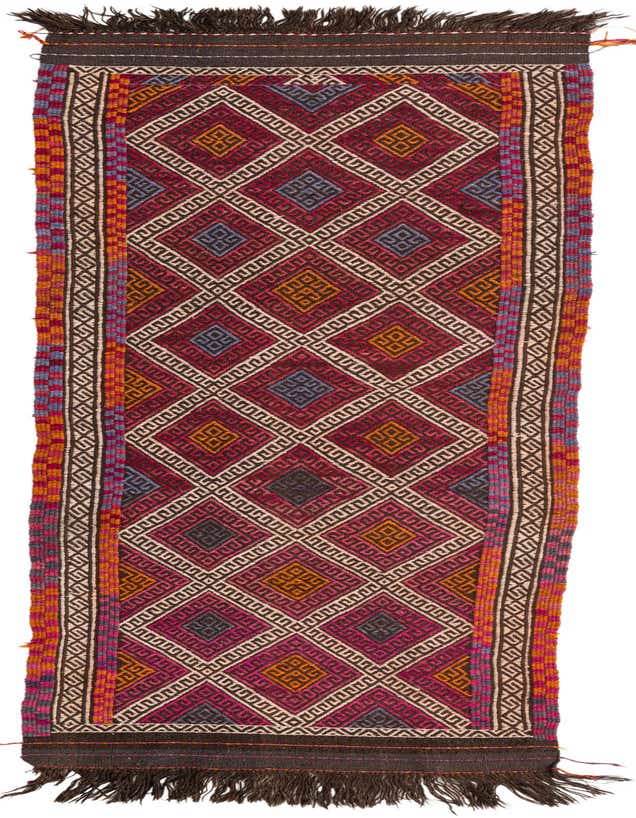 A vibrant 8 ft runner rug featuring a geometric diamond pattern in shades of red, blue, orange, and cream, with dark fringed ends.