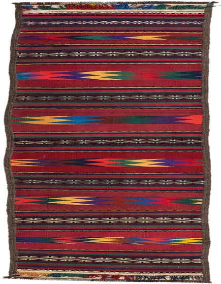 A 10 ft runner rug with a vibrant tribal pattern in shades of red, blue, green, and yellow, ideal for a hallway.