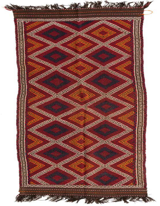 A 10 Ft Kilim Fars runner rug in rich reds with a tribal geometric diamond pattern and dark fringes, ideal for a hallway.