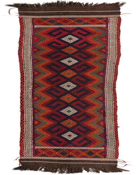 A 10 ft Kilim Fars runner rug with a tribal geometric pattern in shades of red, navy, and orange, featuring fringe.