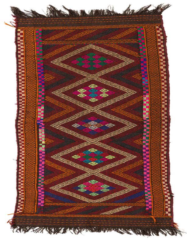 A vibrant 7 ft Kilim Fars runner rug with a tribal Persian pattern in reds, oranges, and multi-color accents, featuring geometric diamonds and intricate borders.