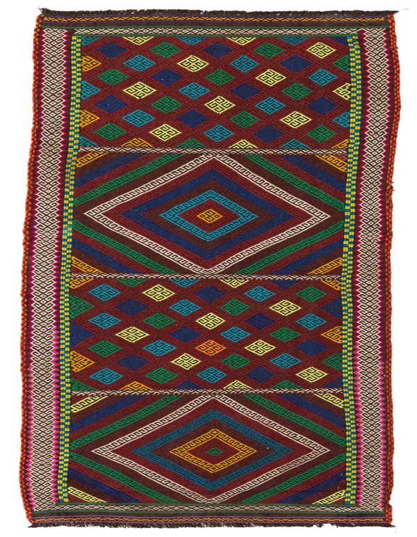 A vibrant 8 ft Kilim Fars runner rug with a rich red base and colorful geometric patterns, ideal for a hallway or kitchen.