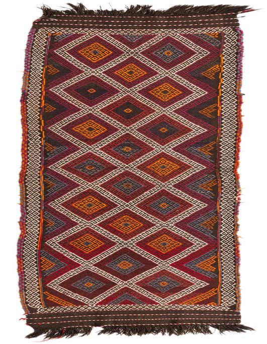 A 9 ft runner rug from the Kilim Fars collection, featuring a vibrant red tribal geometric pattern with diamond motifs and a flatweave texture, ideal for a hallway.