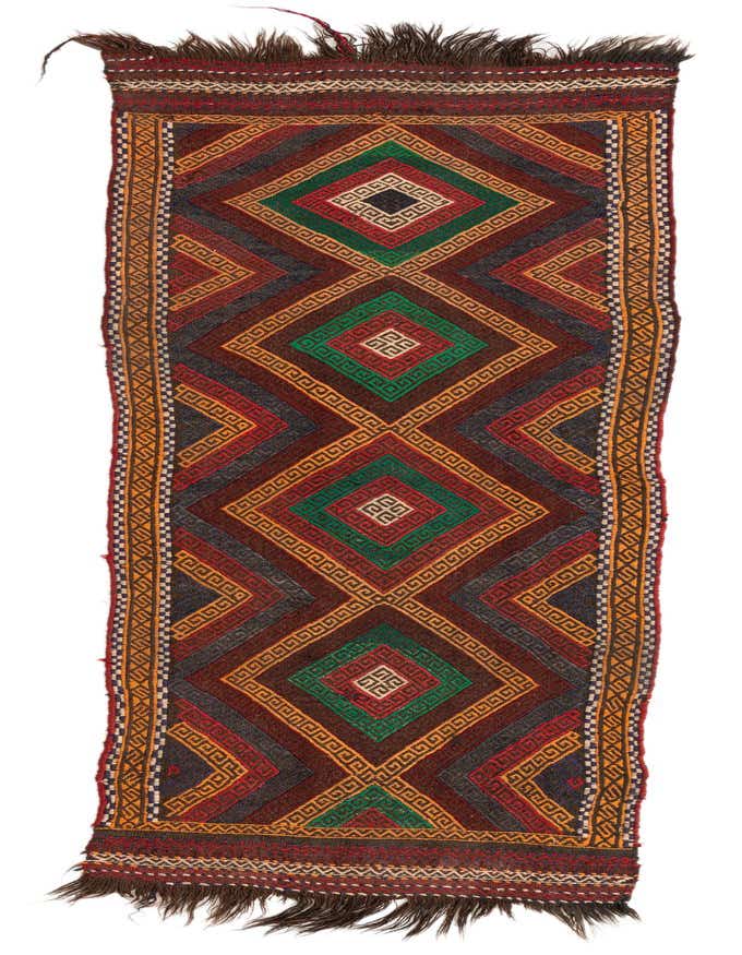 A 7 ft runner rug in a Kilim Fars tribal pattern, featuring red, green, and gold geometric diamonds with a flatweave texture.