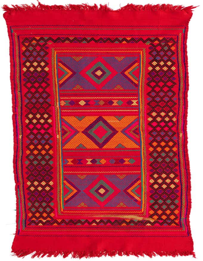 A vibrant red Kilim Fars 8 ft runner rug with intricate Persian tribal patterns in orange, purple, green, and blue, featuring geometric diamonds and X shapes.