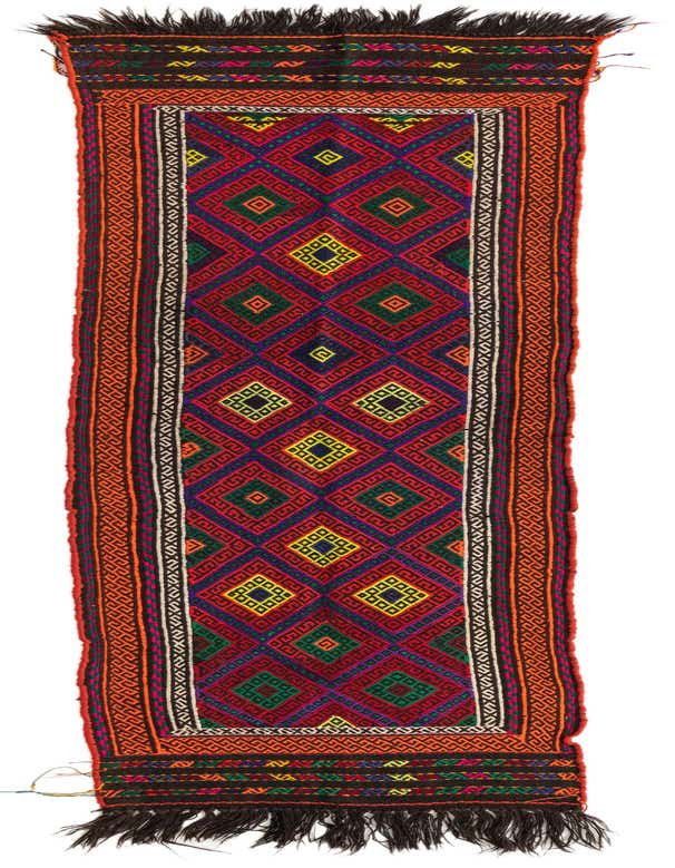 A vibrant 8 ft Kilim Fars runner rug with a geometric diamond pattern in reds, greens, blues, and yellows, ideal for a hallway or kitchen.
