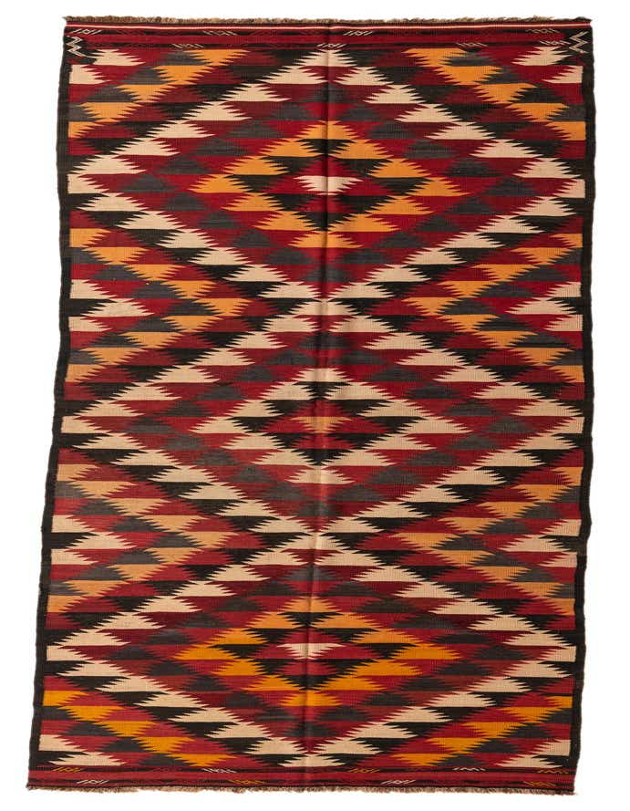 A 15 ft Kilim Fars runner rug with a vibrant tribal pattern in reds, orange, black, and cream.