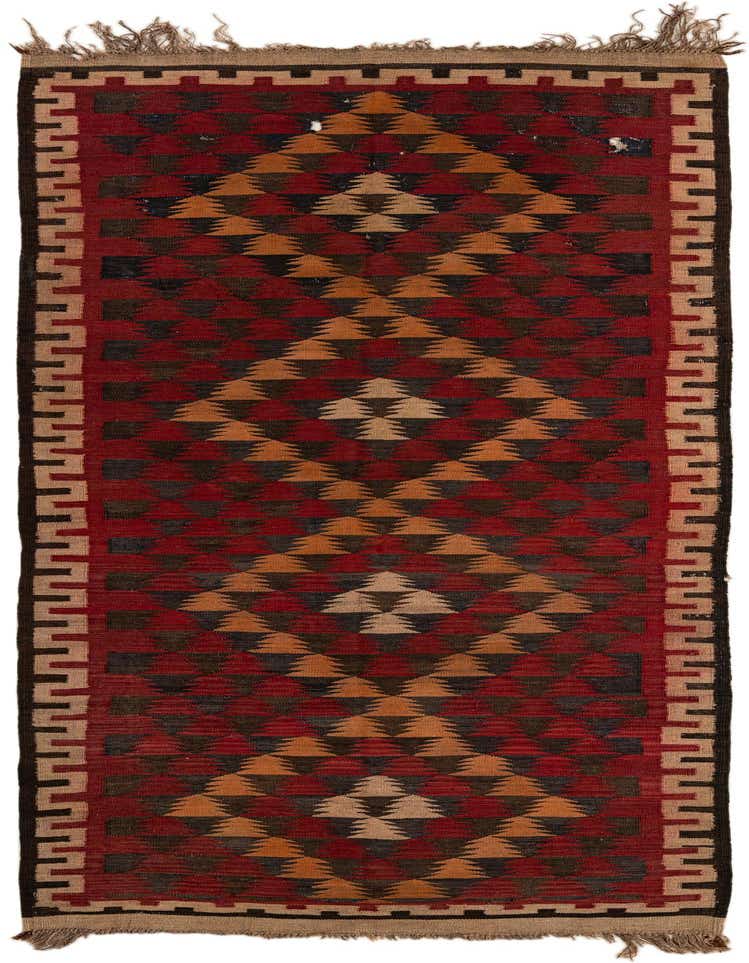 A 10 ft Kilim Fars runner rug in red, black, and tan with a tribal geometric pattern, suitable for a hallway.