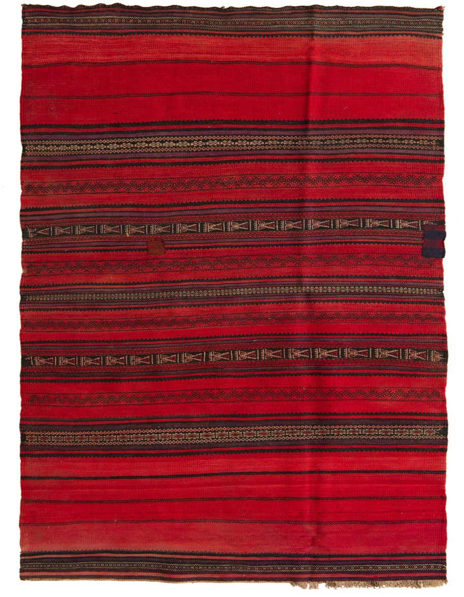 A 4x9 ft red Kilim Fars runner rug with tribal and striped patterns in black, purple, and beige, showcasing its flatweave texture.