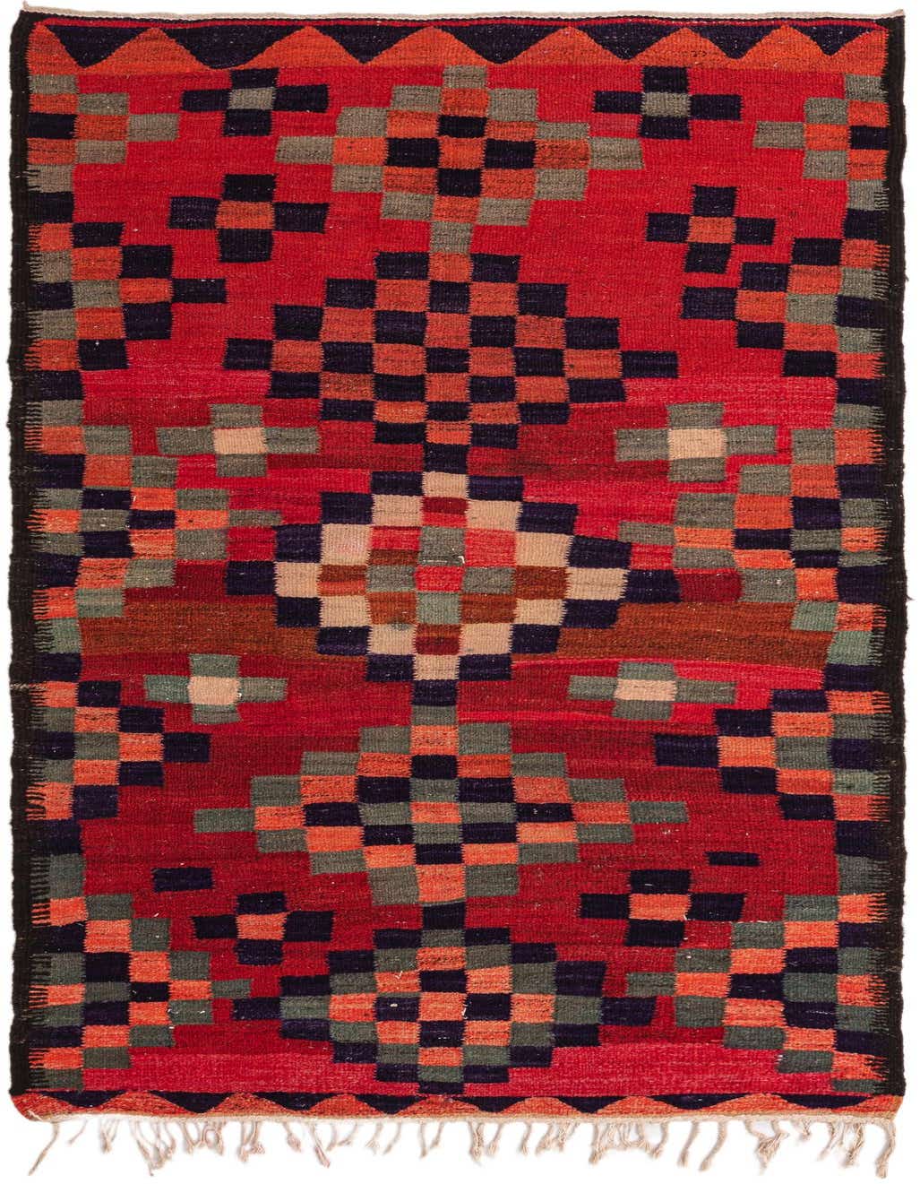 A vibrant 8 ft Kilim Fars runner rug with a red background and a geometric tribal pattern in black, orange, and green.