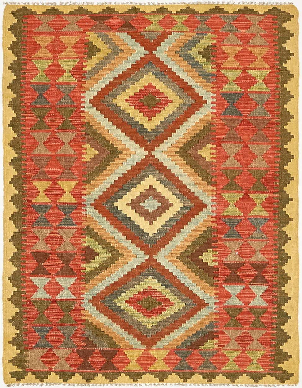 A 7 ft runner rug, Kilim Maymana collection, featuring a vibrant tribal pattern with large red, orange, and green diamonds on a flatweave wool texture.