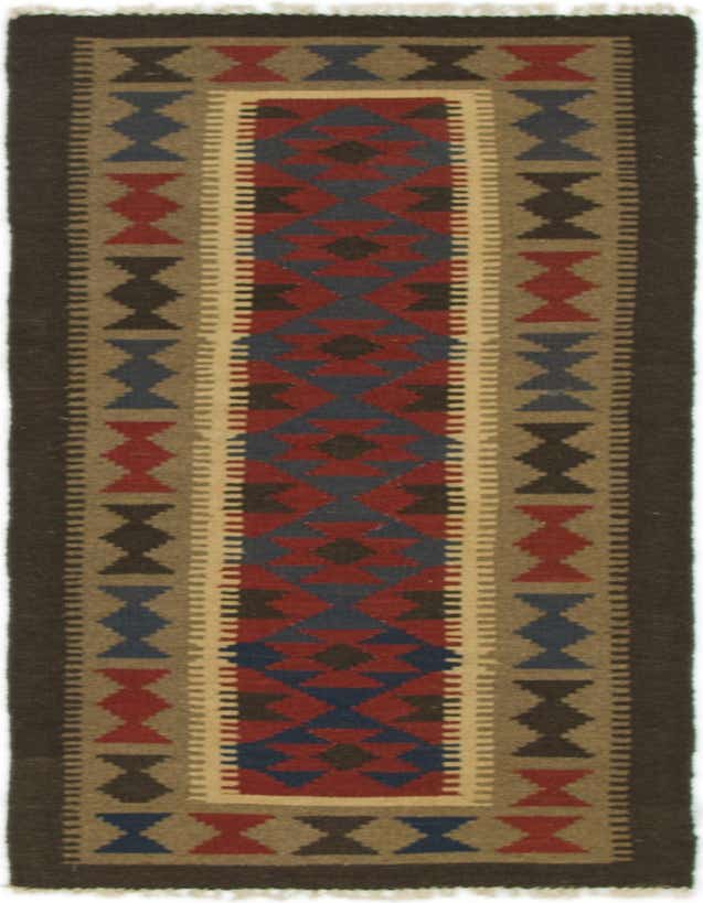 A 6 ft runner rug with a Southwestern tribal pattern in reds, blues, and browns, featuring a flatweave texture.