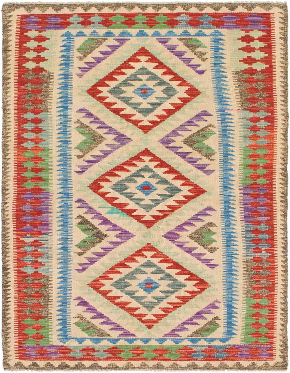 A 6 ft runner rug featuring a vibrant tribal pattern with red, blue, green, and purple diamonds on a cream background.
