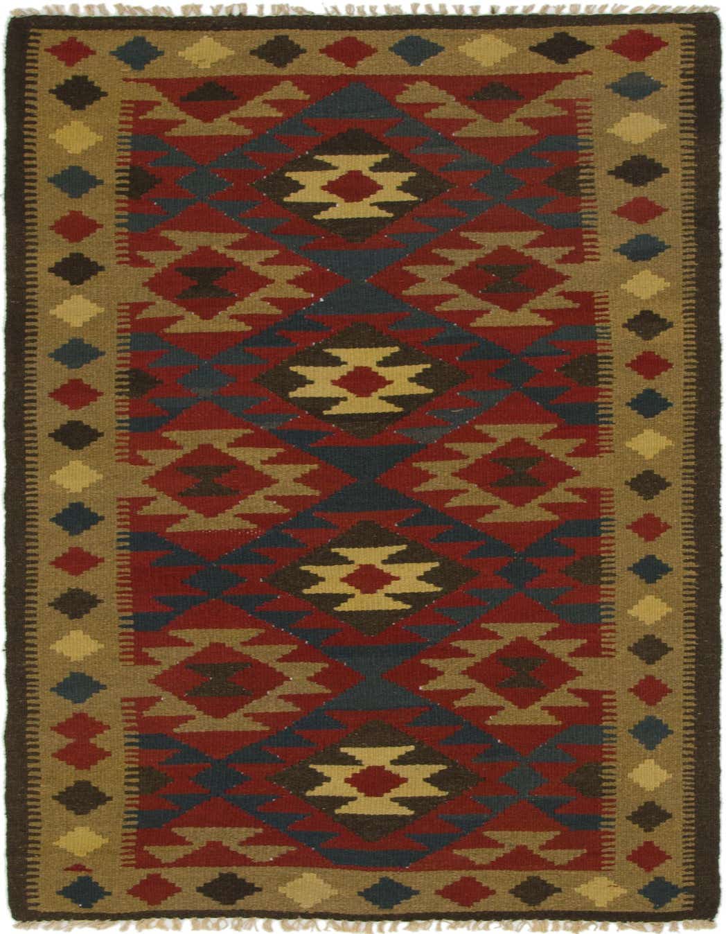 A 6 ft Kilim Maymana wool runner rug featuring a vibrant tribal geometric pattern in reds, blues, gold, and brown.