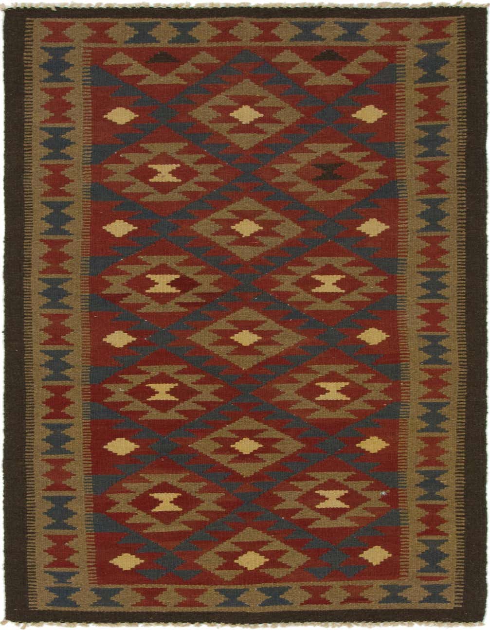 A 6 ft runner rug with a traditional Kilim Maymana pattern in reds, blues, browns, and gold, featuring geometric diamonds and triangles.