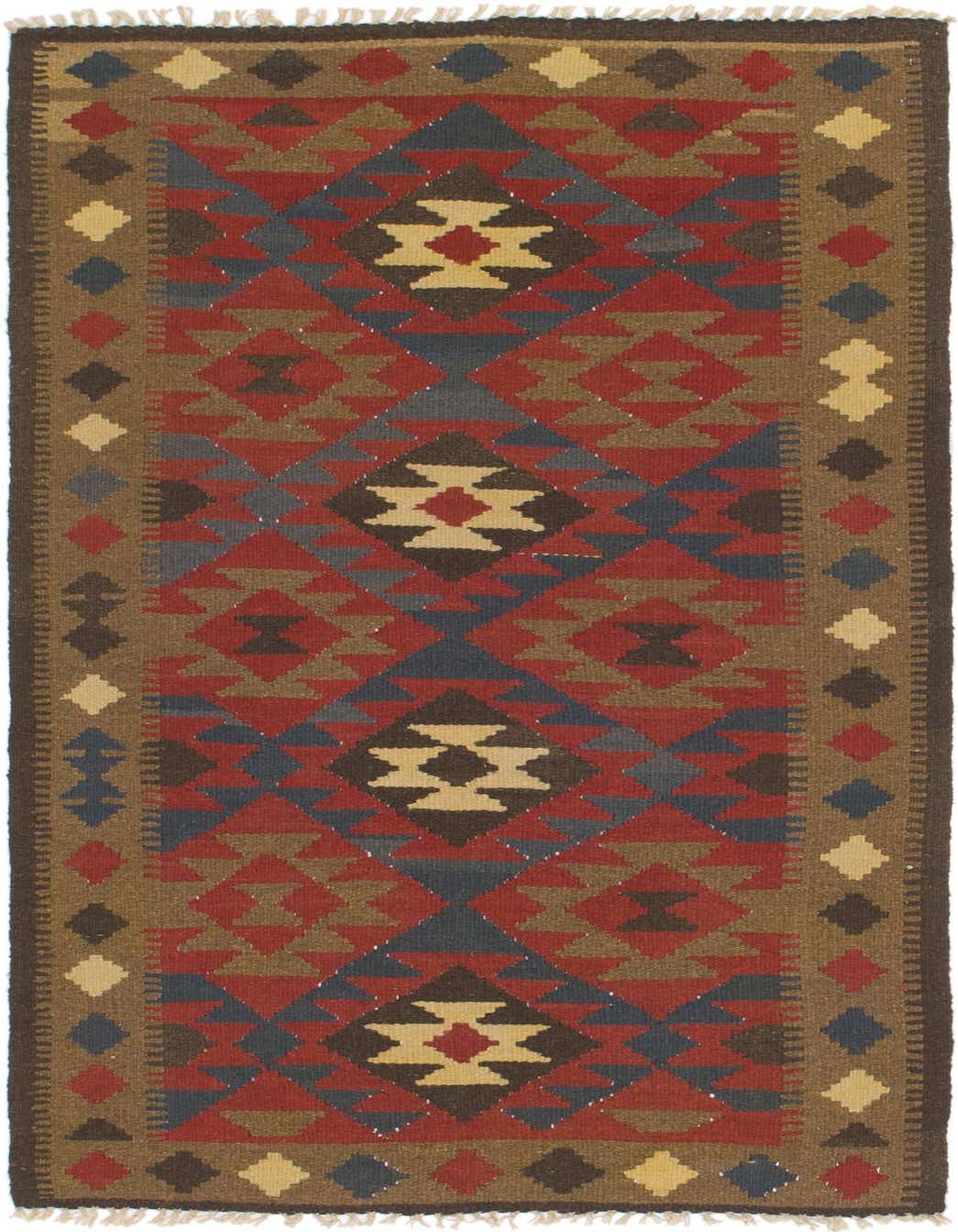A 6 ft runner rug with a Southwestern tribal pattern in shades of red, blue, brown, and cream, featuring geometric diamonds and triangles.