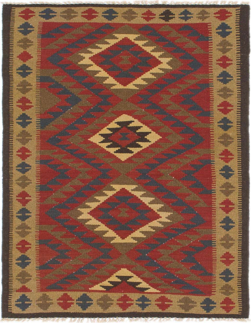 A 6 ft runner rug with a Southwestern tribal pattern in shades of red, blue, brown, and tan.