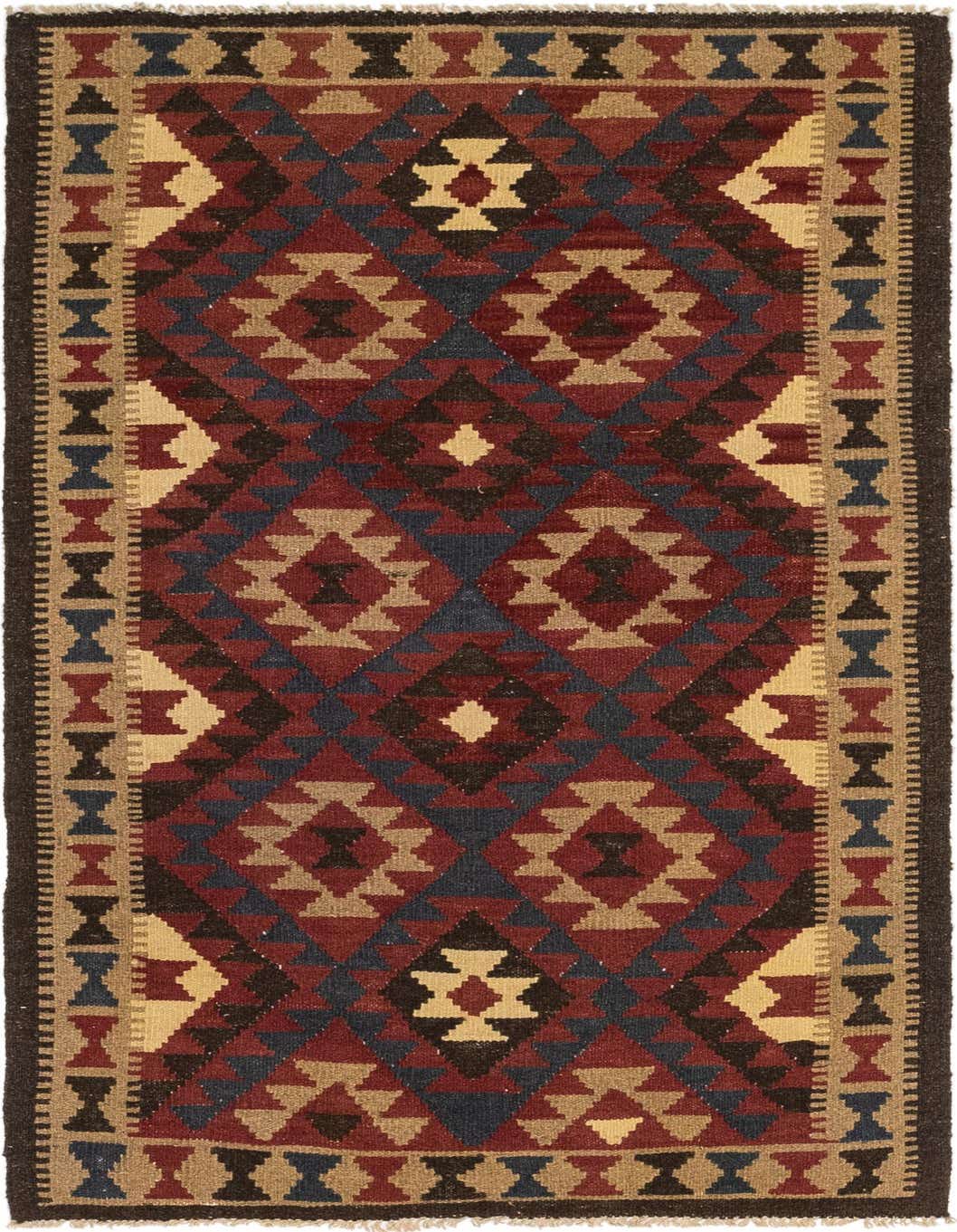 A 6 ft runner rug with a Southwestern tribal pattern in shades of red, navy, and beige, ideal for a hallway or kitchen.