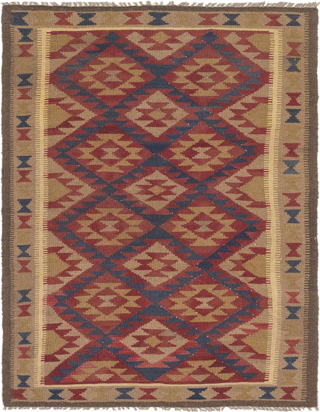 A 6 ft runner rug with a Southwestern tribal pattern in shades of red, navy, and tan, perfect for a hallway.
