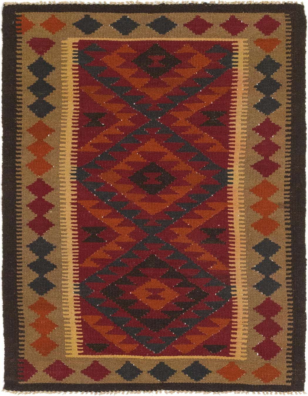 A 6 ft runner rug with a Southwestern and Tribal design, featuring a rich red center with geometric patterns in black, orange, and dark red, bordered by a light brown and dark brown edge with diamond motifs.